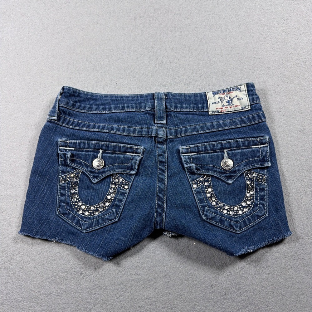 True Religion Julie Shorts Women 26 Low Rise Studded Rhinestone Blue Denim Y2K